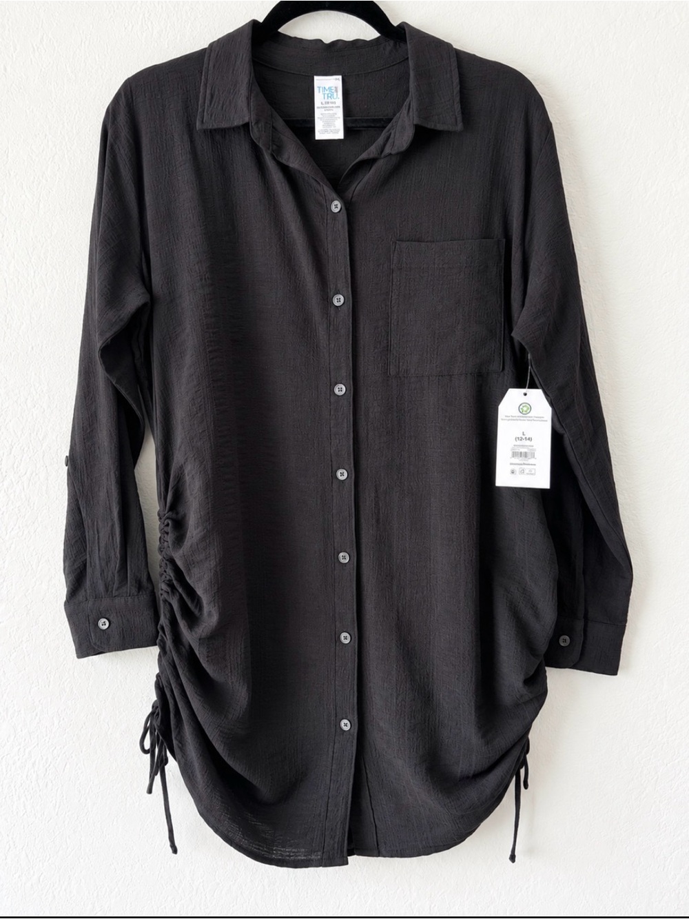 Time and Tru Black Button-Front Long Sleeve Swim Coverup with Side Drawstrings